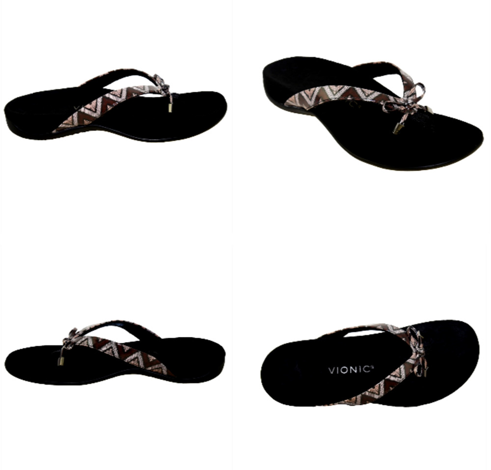 Vionic Bella II Toe Post Ortho Sandals Sz 9.5 Zig Zag Print Black New w/o Box